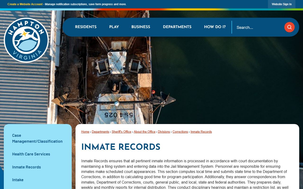 Hampton County inmate records page for jail mugshot and booking record context