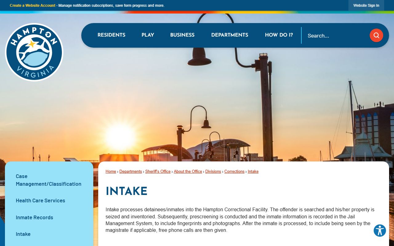 Hampton Adult Intake booking lookup process page
